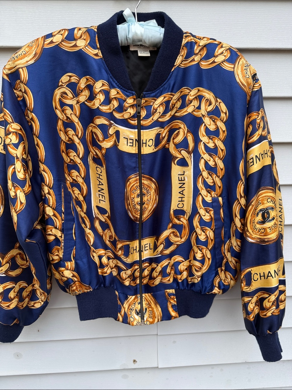 Vintage Silkworm’s Women's Blue Chain-Print Bomber Jacket Ful Zip front pocket